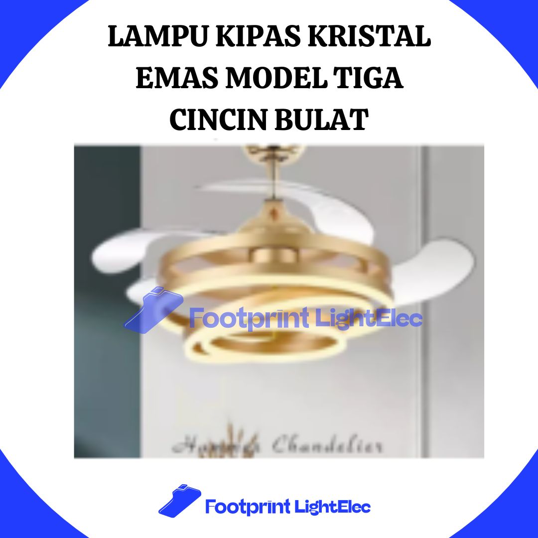 Lampu Kipas Kristal Emas Model Tiga Cincin Bulat